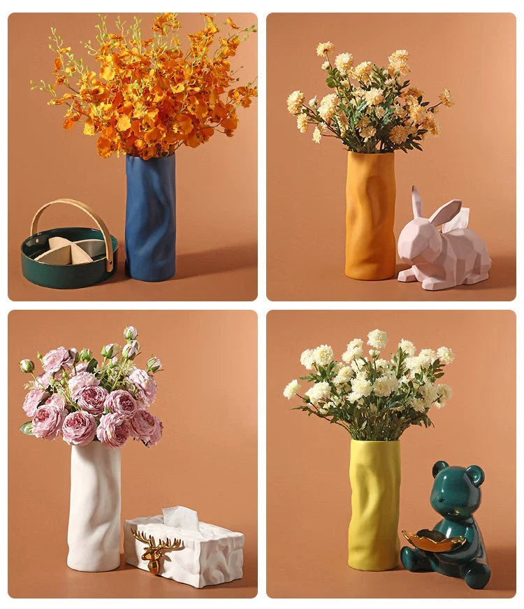 A collage showcasing all four colors of the Ruched Frosted Ceramic Vase in various home decor settings with different flowers - RoomDen.
