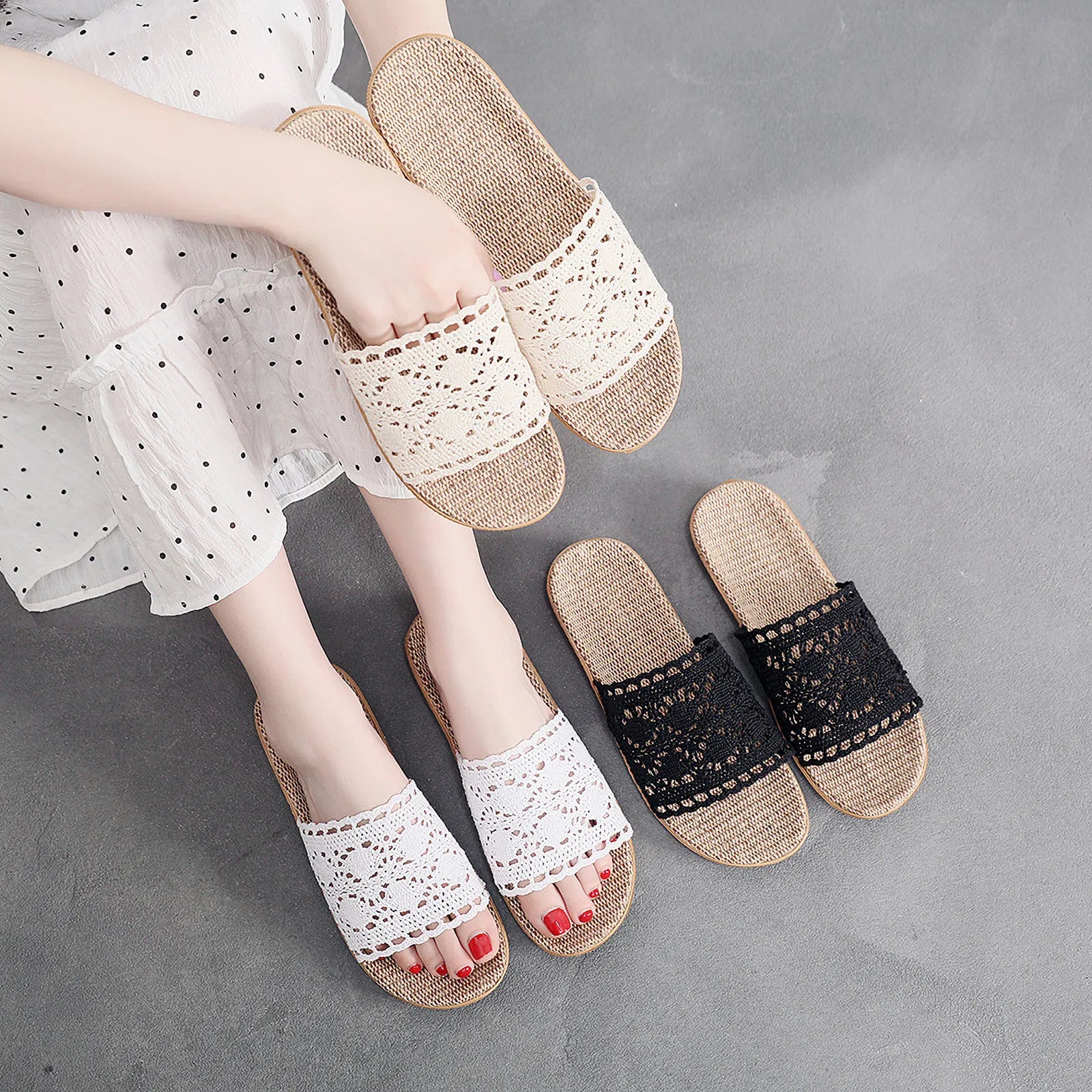 Model wearing white and black solid crochet slides with woven linen soles - RoomDen