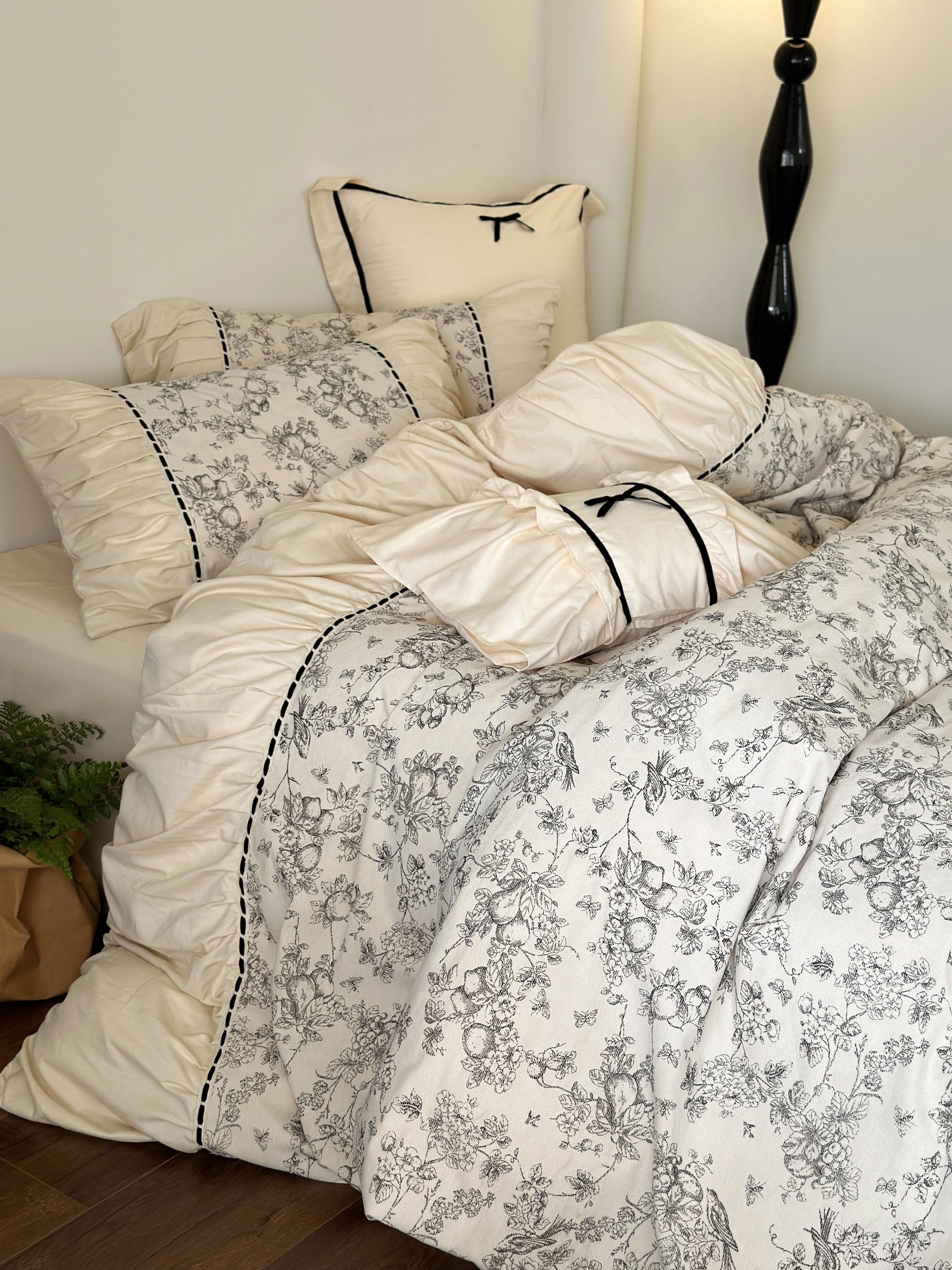 Cream beige washed cotton bedding set with black French floral print and ruched ruffle edges – RoomDen