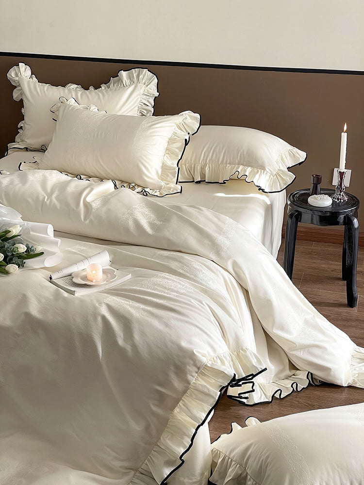 Soft ivory Lyocell duvet cover with romantic French ruffle trim and contrast edge - RoomDen