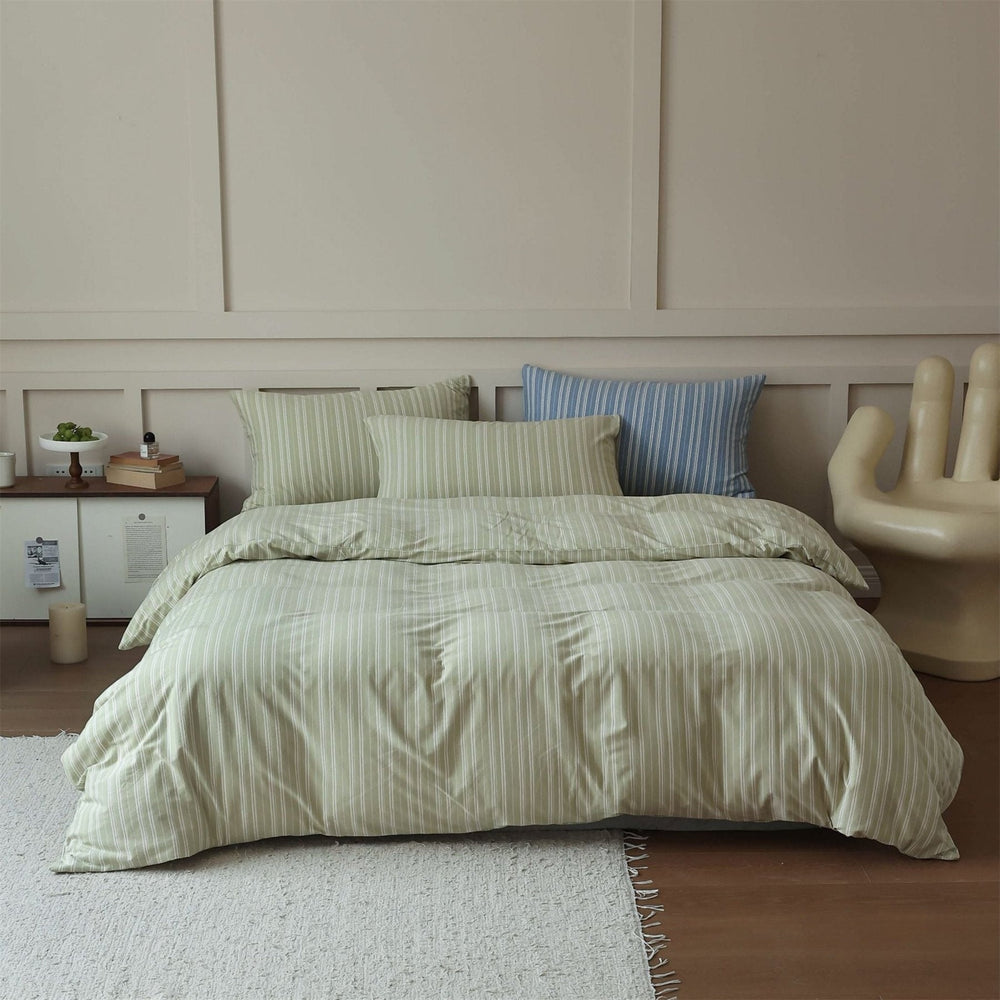 Denby Striped Jersey Cotton Bedding Set - Sage Green
