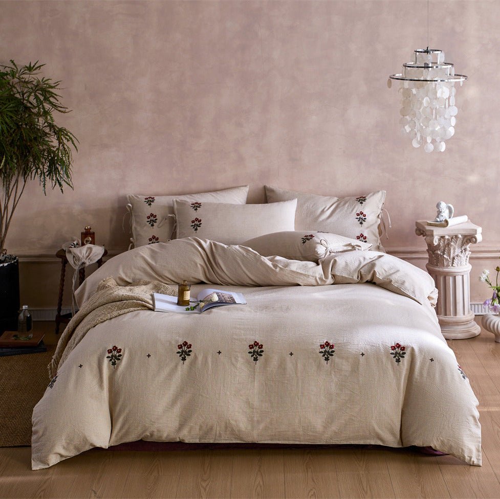 Verbena Embroidered Floral Cotton Bedding Set - Wheat Cream
