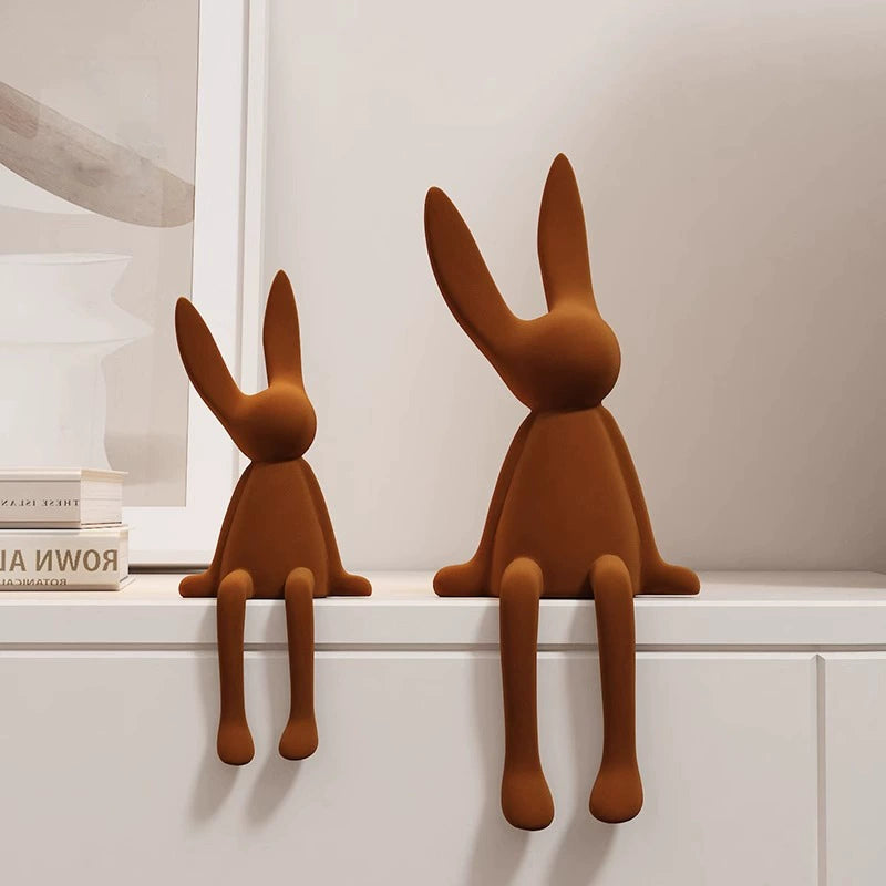 Cute Flocked Resin Long-Eared Rabbit Shelf Figurine