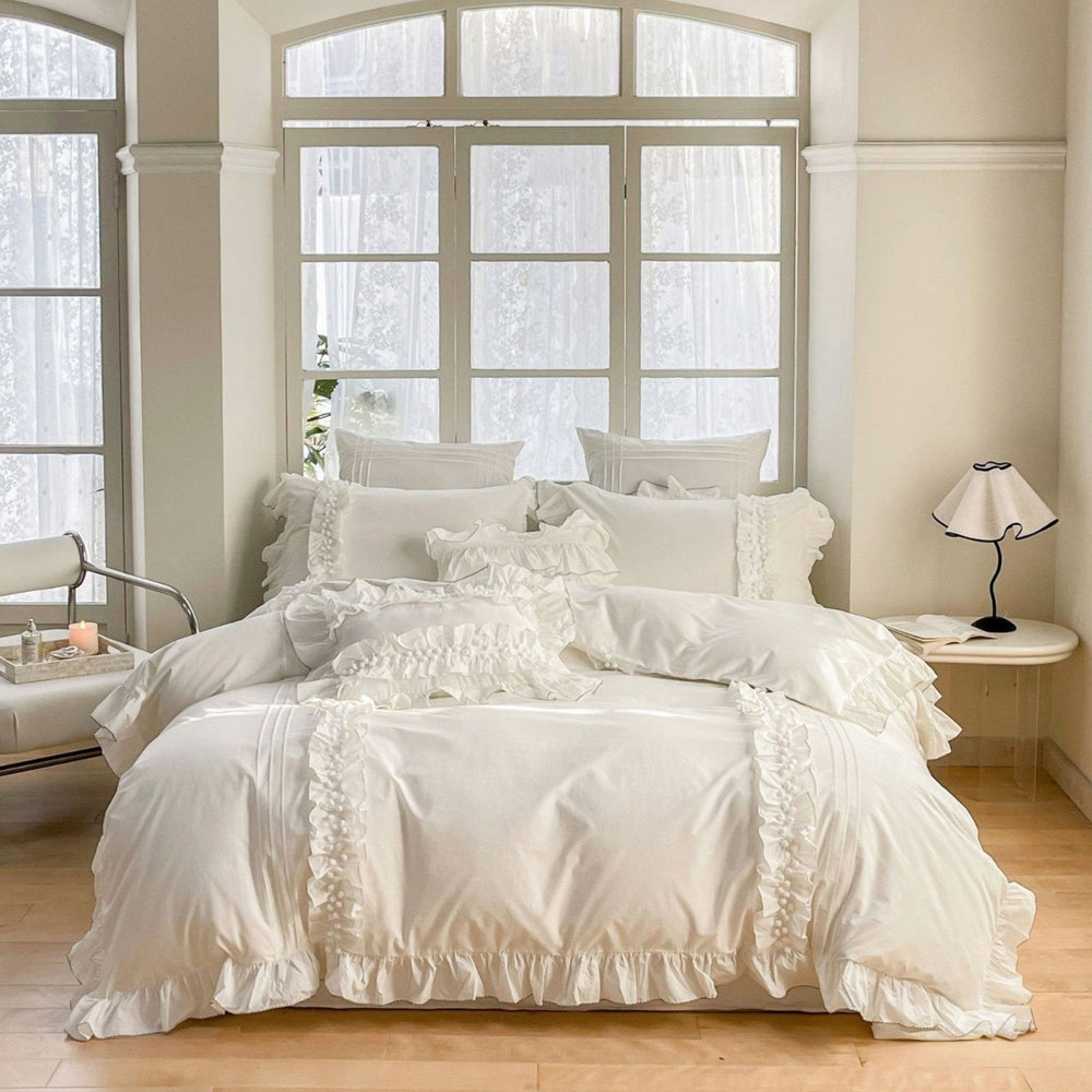 Fauvette Lace-Trim Washed Cotton Bedding Set - Ivory Cream