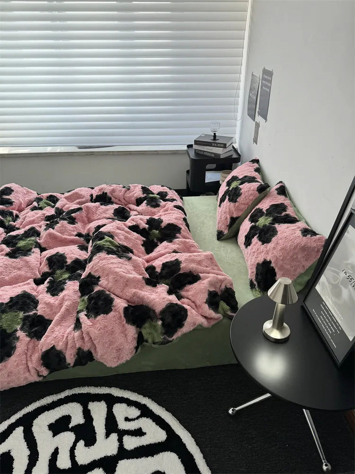 Close-up of the plush pillowcases and duvet cover showing the fuzzy material.