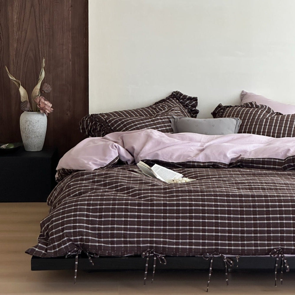 Ashvale Cocoa Windowpane Washed Cotton Bedding Set - Cocoa Windowpane