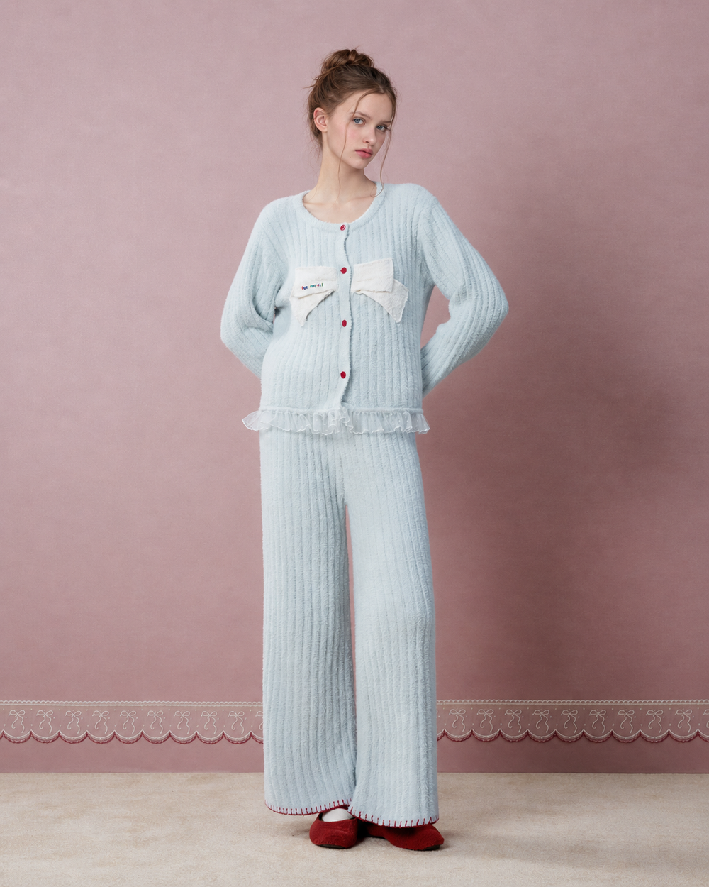 Bow-Front Textured Pajama Set – water blue front view with white bow and red buttons - Roomden