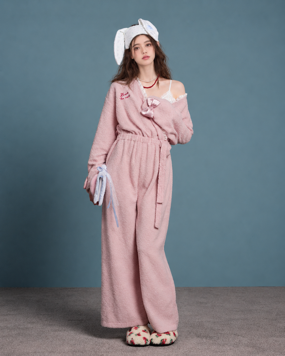 Blush Pink Plush Onesie – front full-length view - Roomden