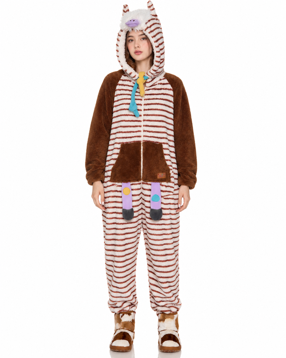 Striped Horse-Hood Onesie – brown and white front full view - Roomden