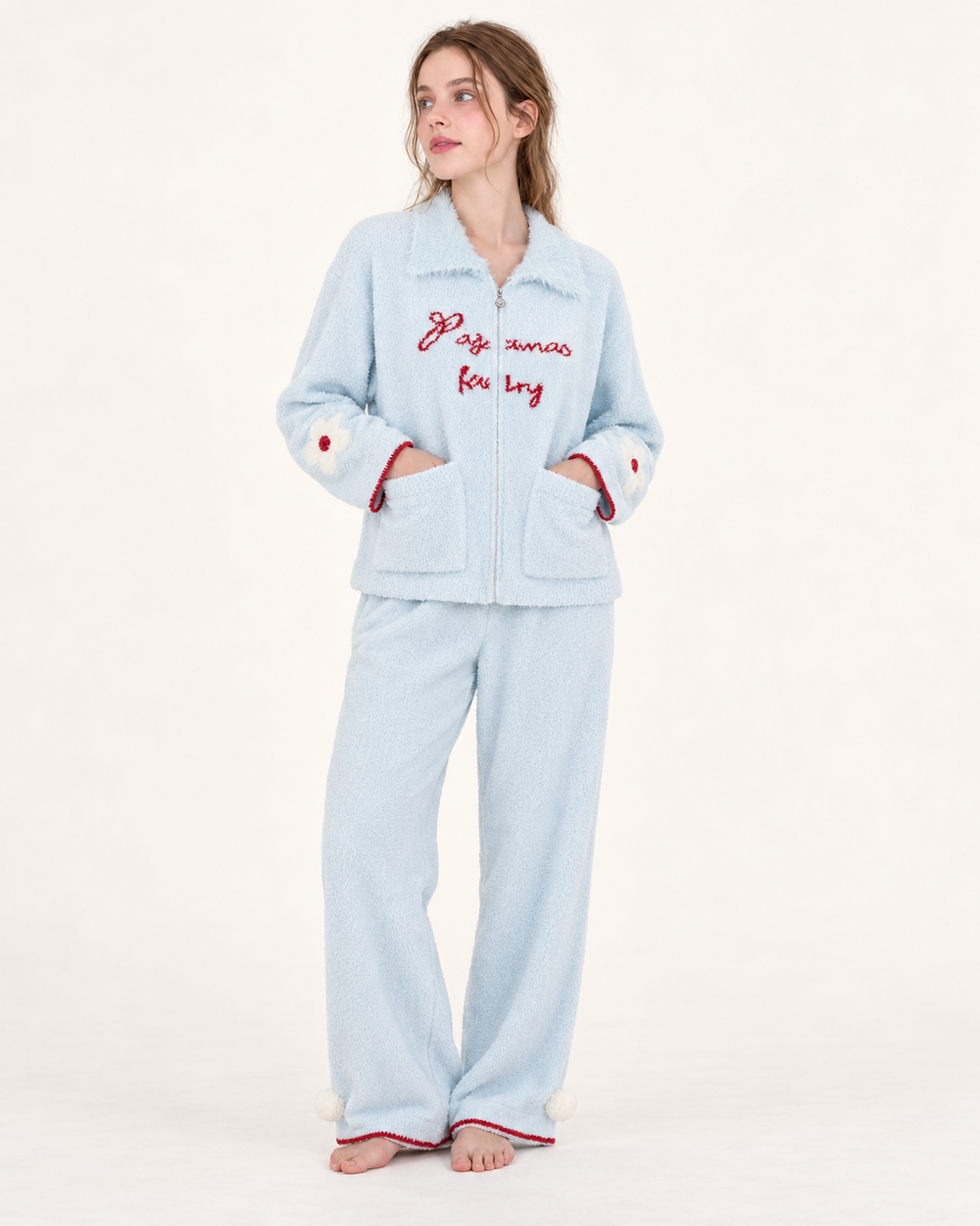 Contrast Lettering Plush Zip-Up Pajama Set – Ice blue full-length front view with hands in jacket pockets - Roomden