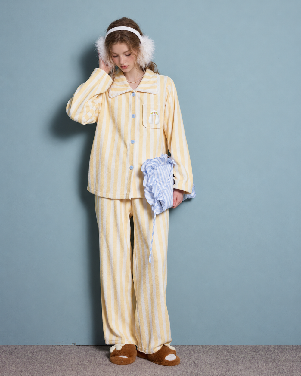 Striped fleece pajama set – pale yellow and white full-length front view - Roomden