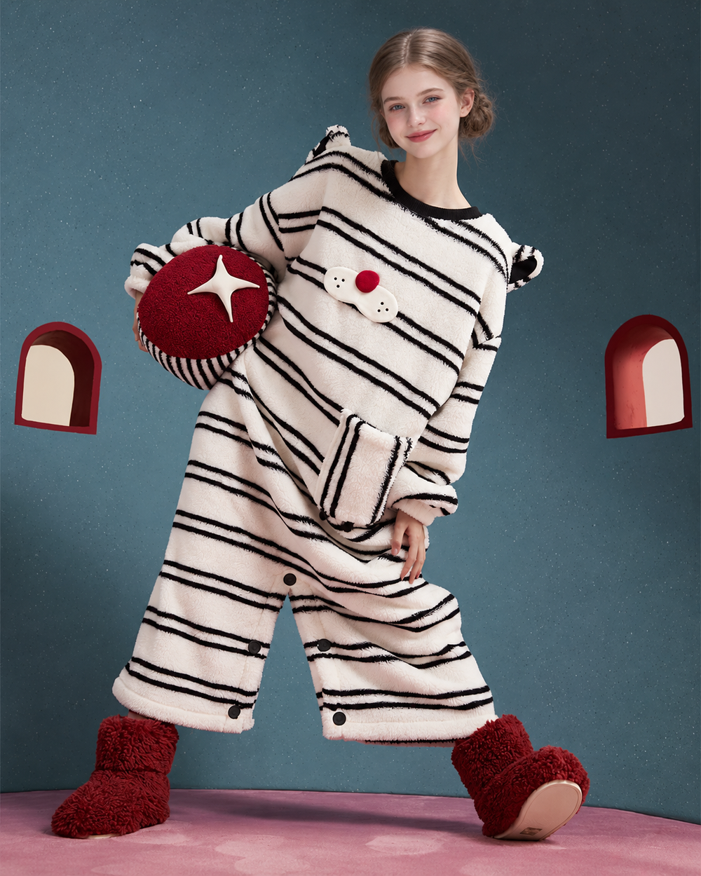 Whiskerbeat striped cat one-piece pajamas - front divided-leg view - Roomden