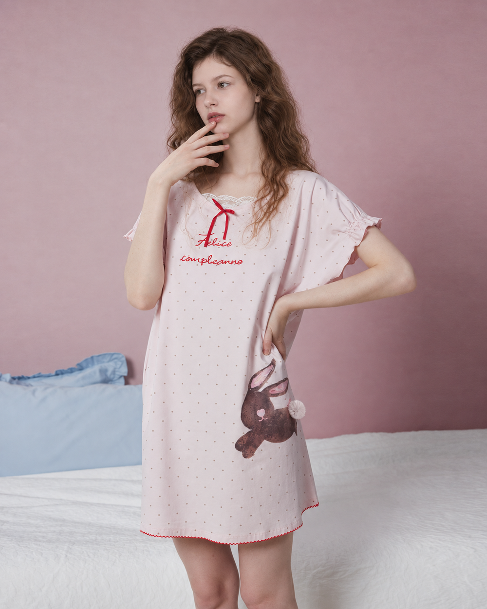 Bunny Print Cotton Blend Nightgown – blush pink front standing view - Roomden