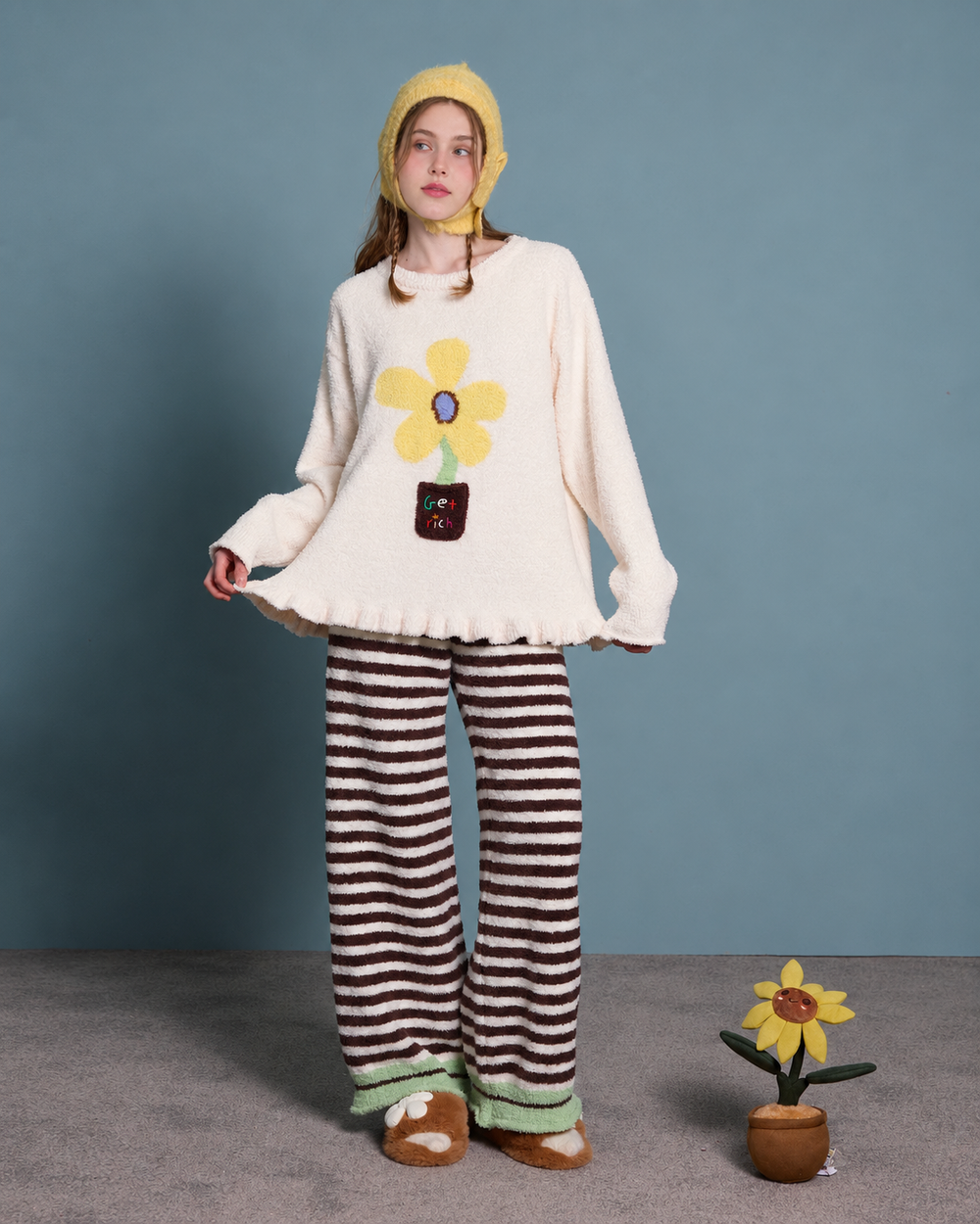 Flower pocket fleece pajama set – ivory top and brown striped trousers in a full front view - Roomden