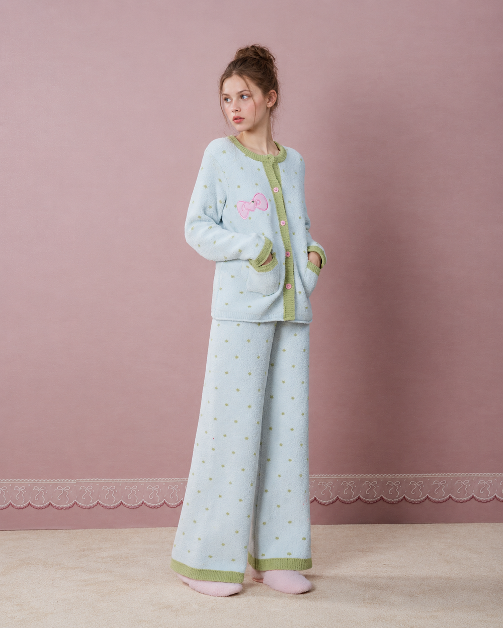 Bow Detail Plush Pajama Set – ice-blue front full-length view with green trim and pink bow - Roomden
