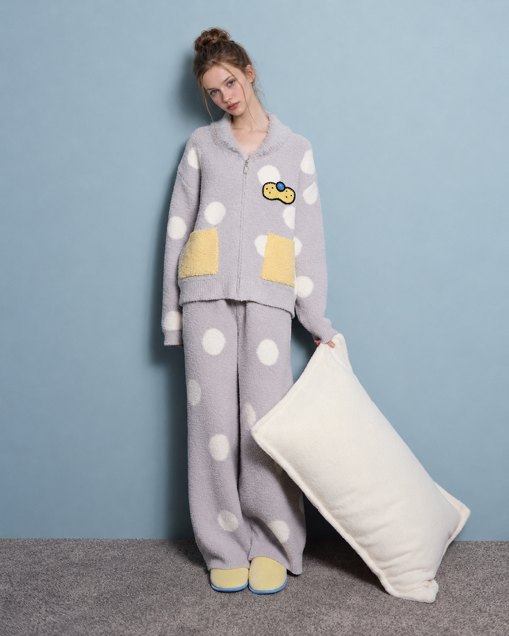 Polka Dot Fleece Pajama Set – light gray full-length zip-up top and pants with yellow pockets - Roomden