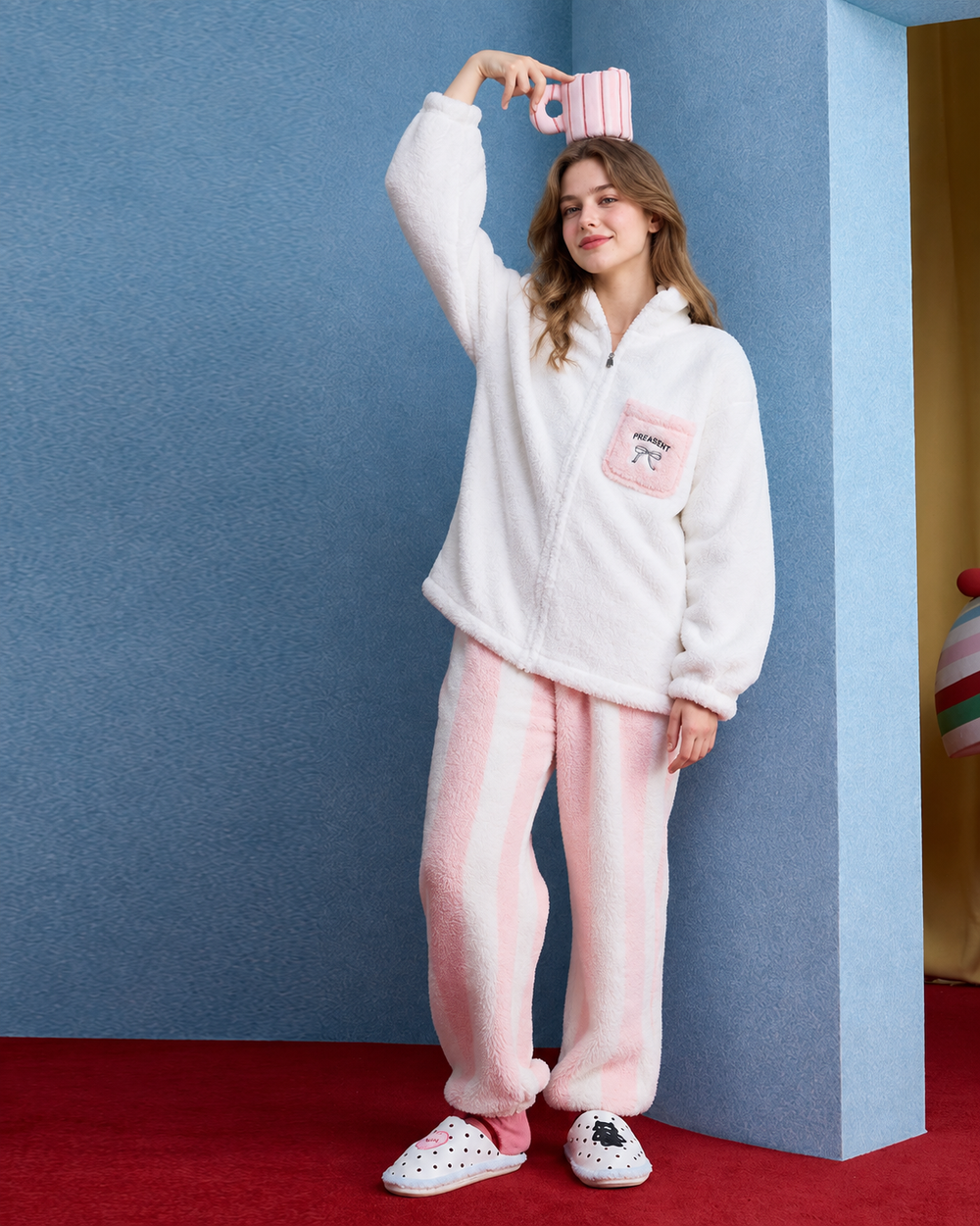 Bow Pocket Fleece Pajama Set – pink-and-white full-length view with striped trousers - Roomden