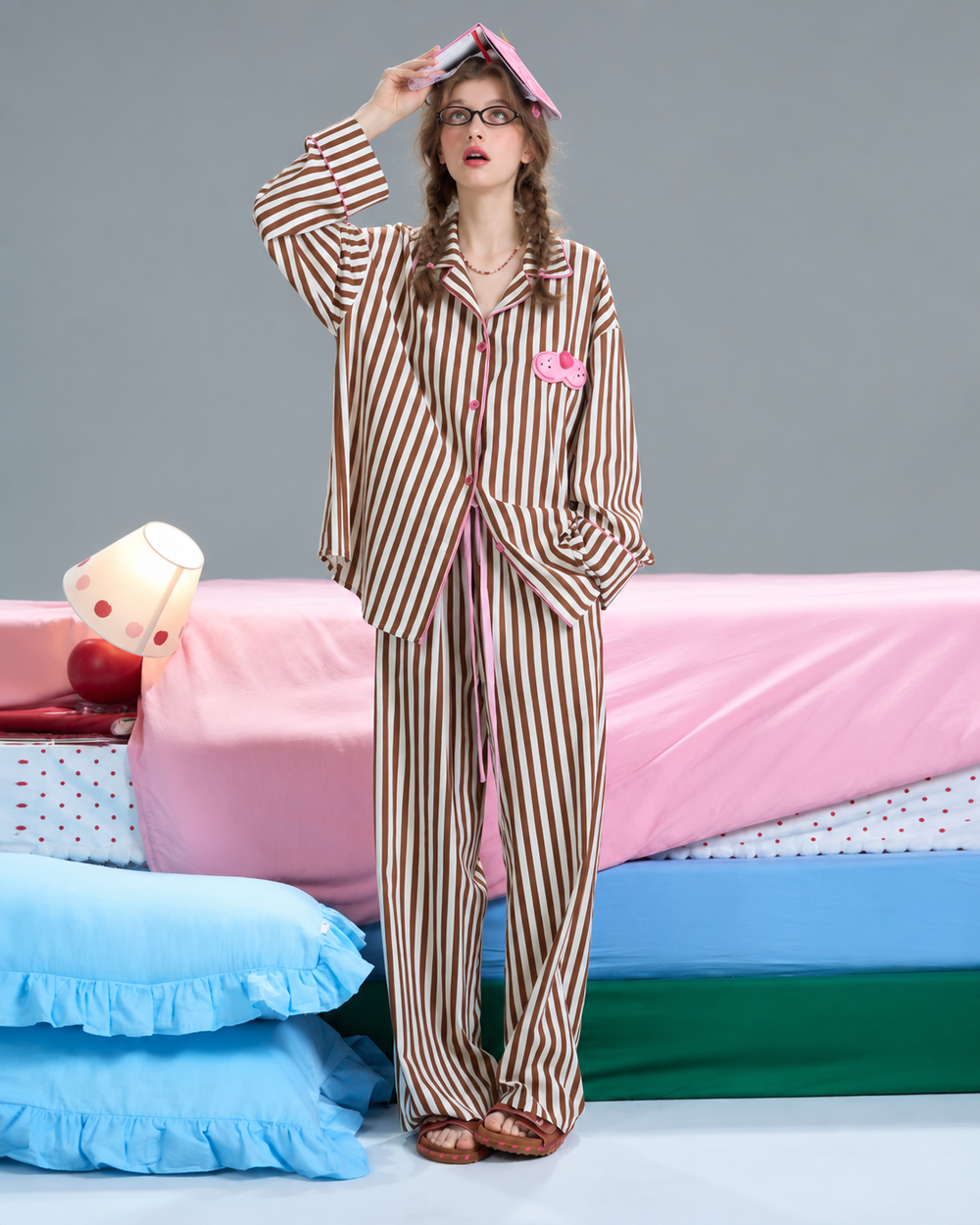 Striped Cat-Patch Pajama Set – Mocha Brown front standing view - Roomden