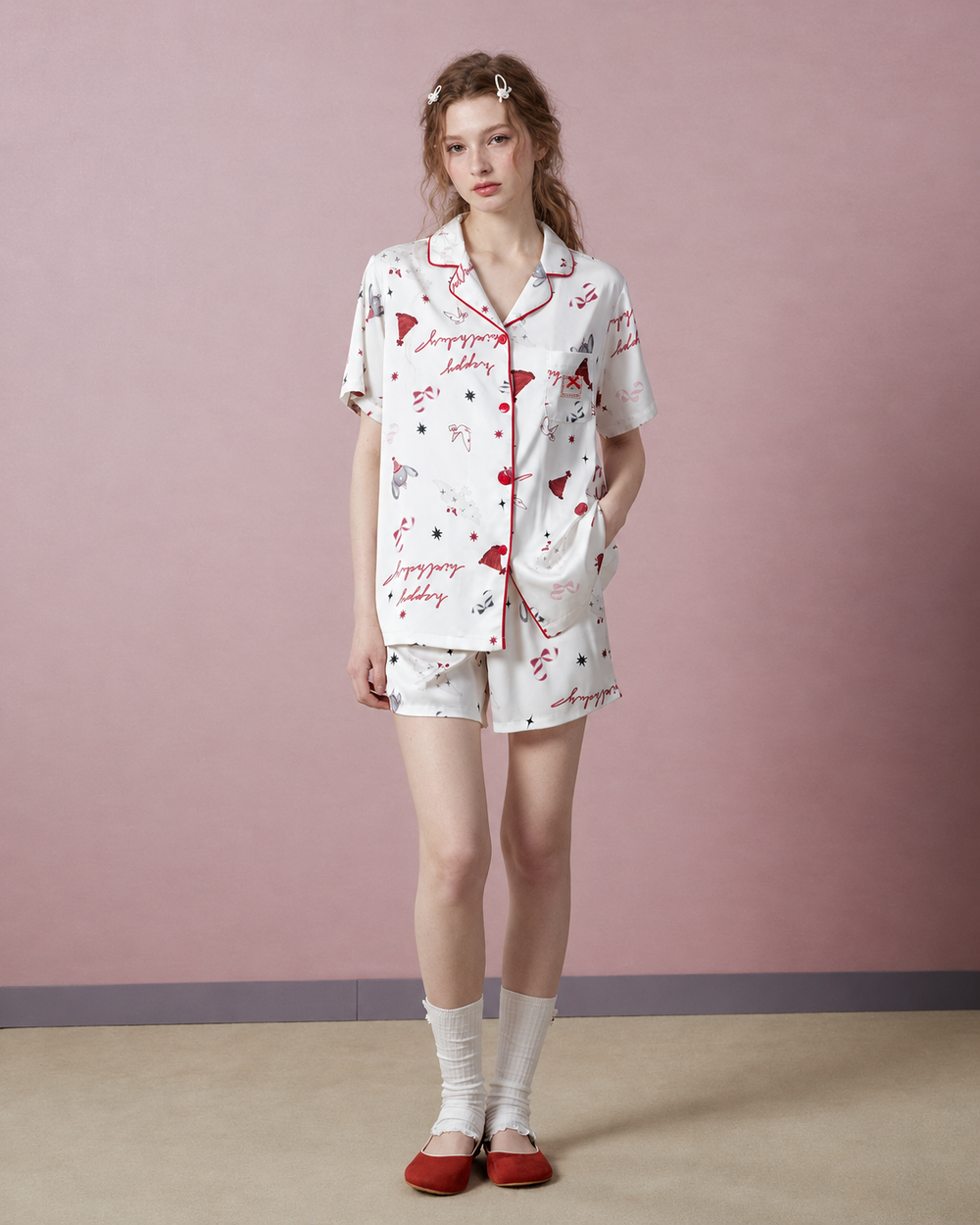 Gift Print Satin Short Pajama Set – white and red print, full front view - Roomden
