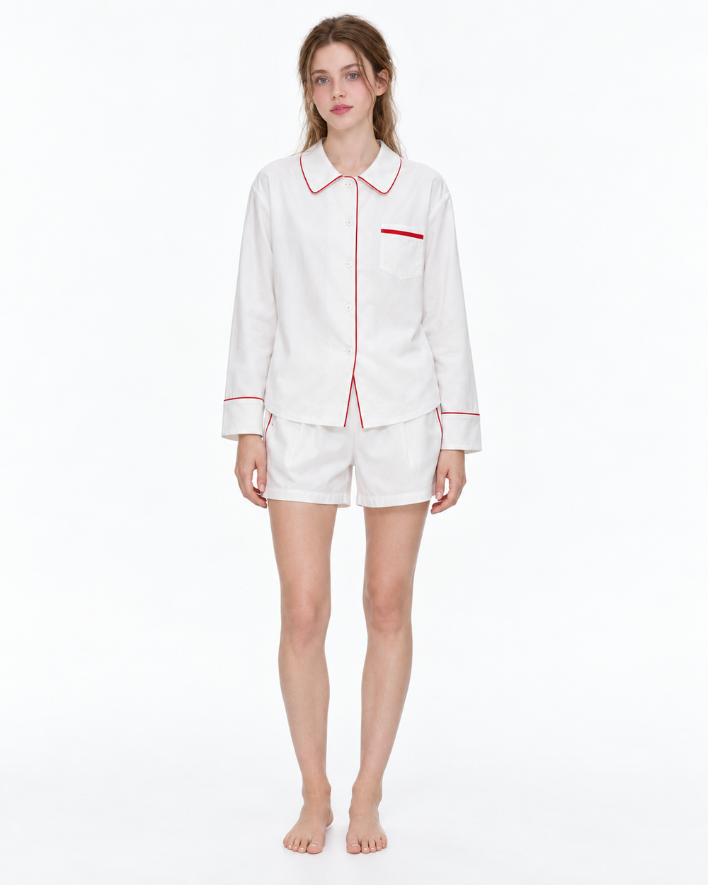 Linehaven contrast-piped pajama shorts set in white, front view - Roomden
