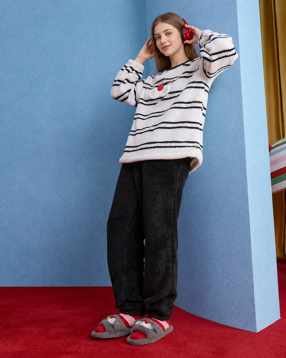 Whiskerbeat striped cat plush pajama set - Full standing view with headphones - Roomden