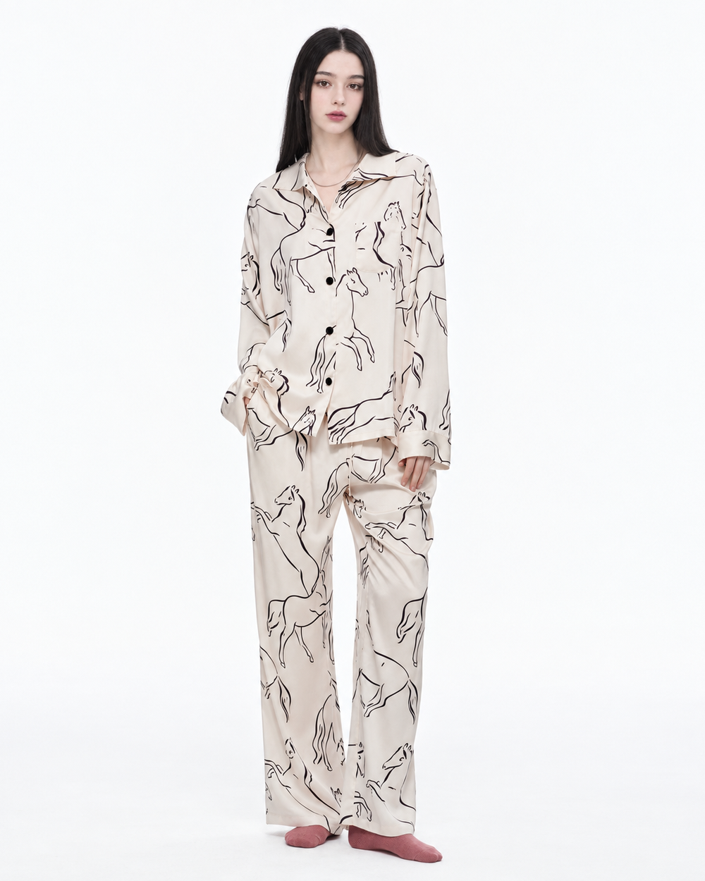 Horse Sketch Viscose-Rayon Pajama Set – Cream horse print, front studio view - Roomden