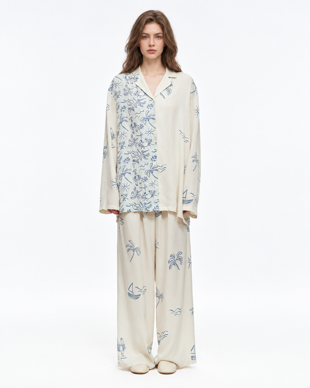 Inkshore asymmetric coastal-print viscose pajama set in Apricot Cream, front view - Roomden