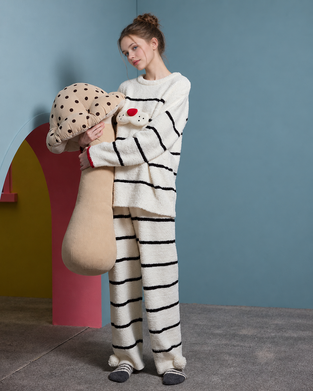 Cat Appliqué Chenille Pajama Set – cream and black stripes, standing front view with cat-muzzle appliqué - Roomden