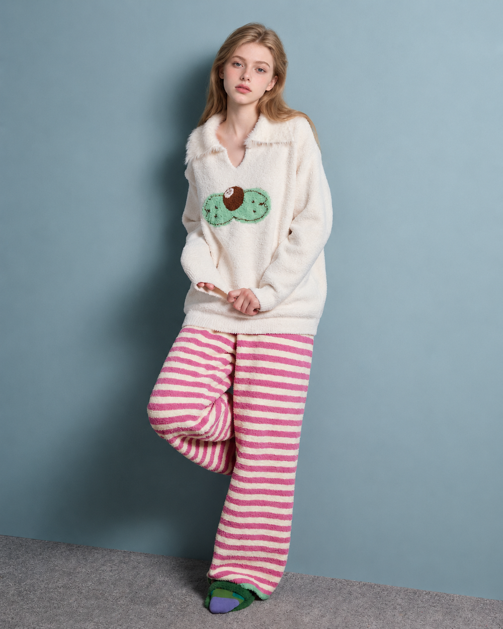 Cat Motif and Stripe Fleece Pajama Set - Front standing view - Roomden