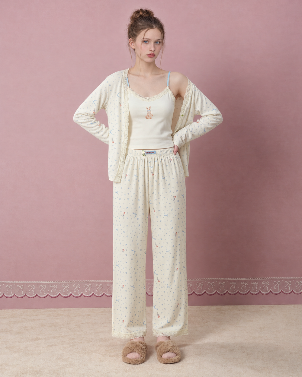 Bunny Floral Three-Piece Pajama Set – front view with open cardigan and blue-strap camisole - Roomden
