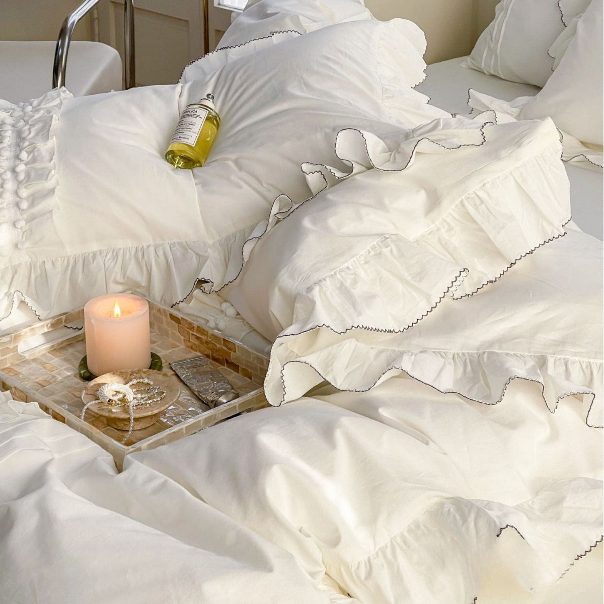 Fauvette Lace-Trim Washed Cotton Bedding Set - room scene