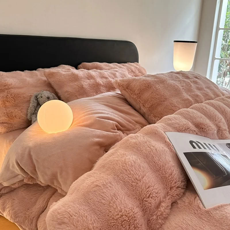 Warm-lit blush pink plush bedding with elegant aesthetic – RoomDen