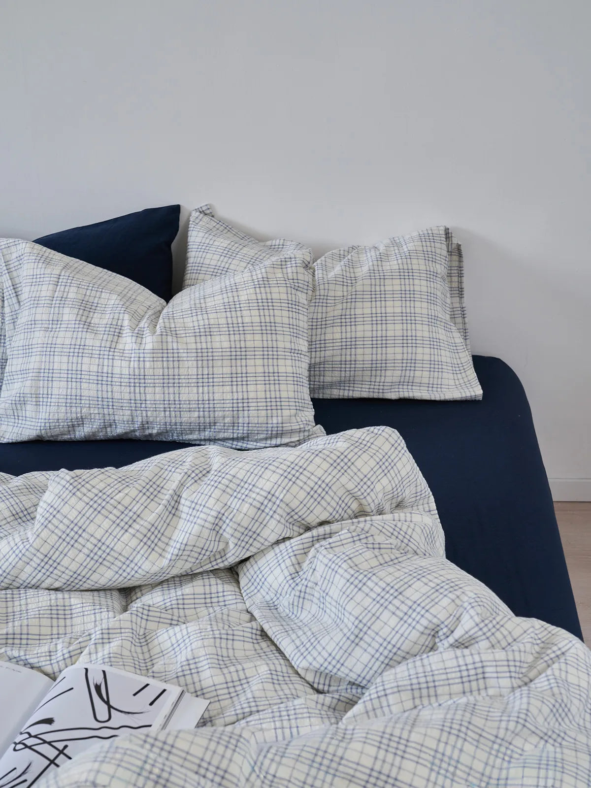 Messy cozy aesthetic blue plaid duvet cover and sheets RoomDen.