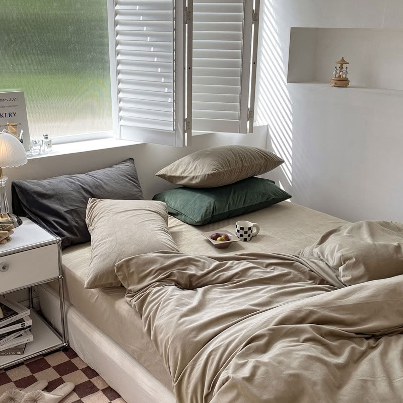 Solid Taupe velvet bedding set with soft plush texture and minimalist cozy bedroom scene - RoomDen