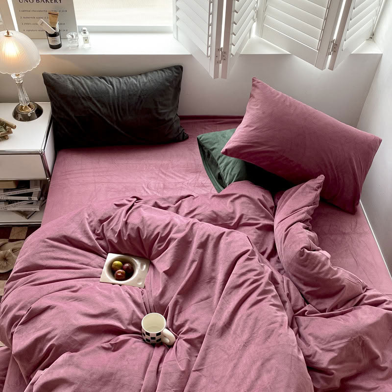 Solid Mauve Pink velvet bedding set with soft plush texture and minimalist cozy bedroom scene - RoomDen