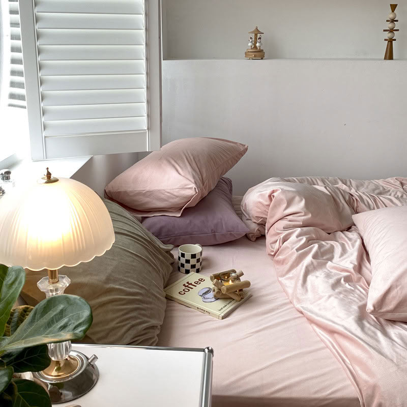 Solid Baby Pink velvet bedding set with soft plush texture and minimalist cozy bedroom scene - RoomDen