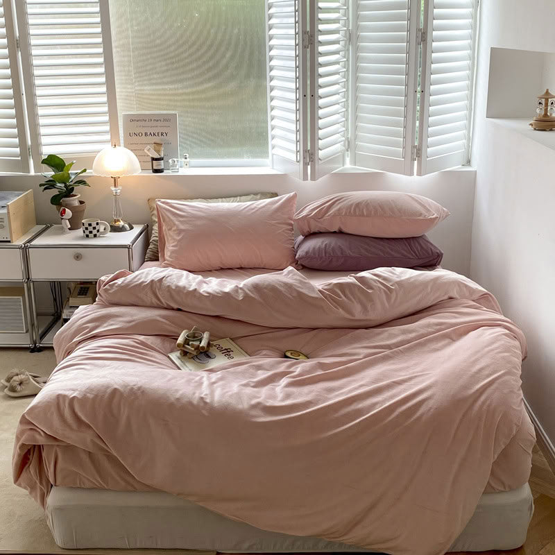 Solid Baby Pink velvet bedding set with soft plush texture and minimalist cozy bedroom scene - RoomDen