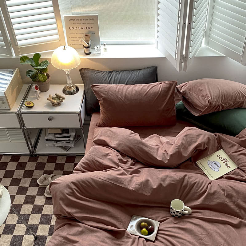 Solid Terracotta velvet bedding set with soft plush texture and minimalist cozy bedroom scene - RoomDen