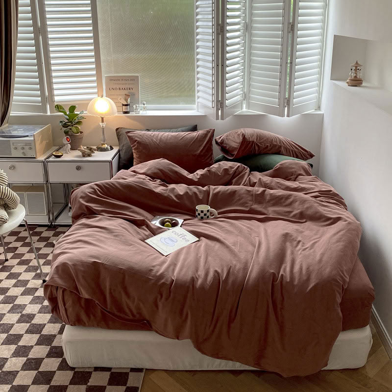 Solid Terracotta velvet bedding set with soft plush texture and minimalist cozy bedroom scene - RoomDen