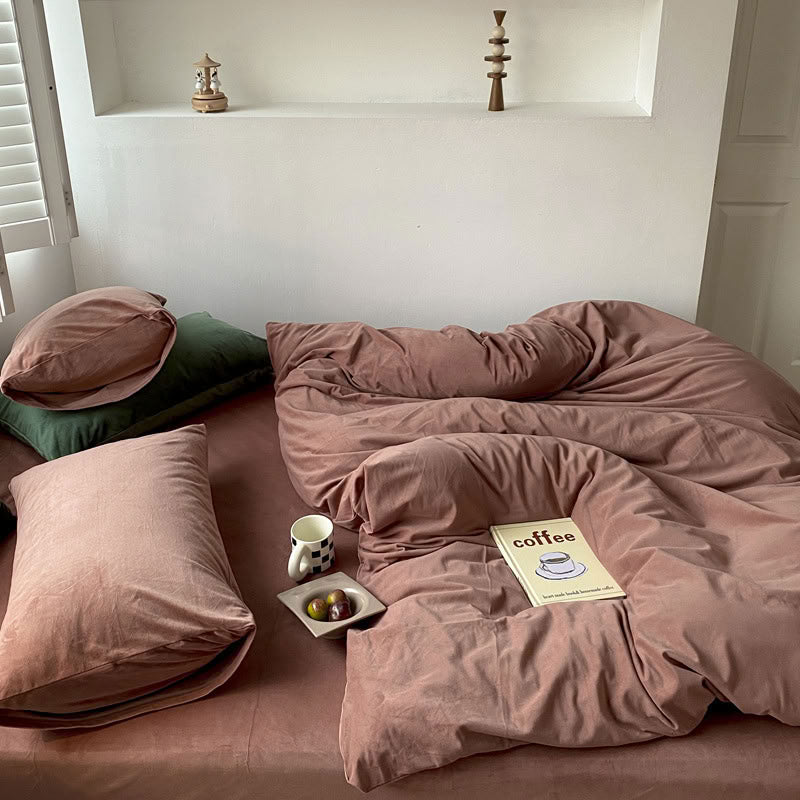 Solid Terracotta velvet bedding set with soft plush texture and minimalist cozy bedroom scene - RoomDen