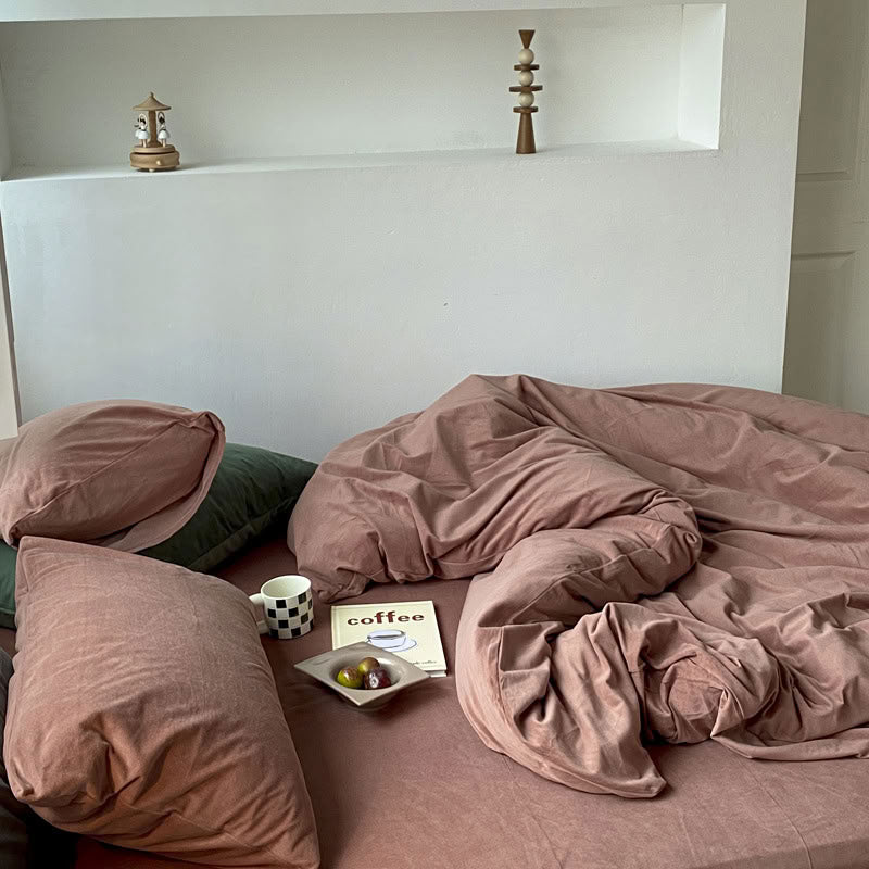 Solid Terracotta velvet bedding set with soft plush texture and minimalist cozy bedroom scene - RoomDen