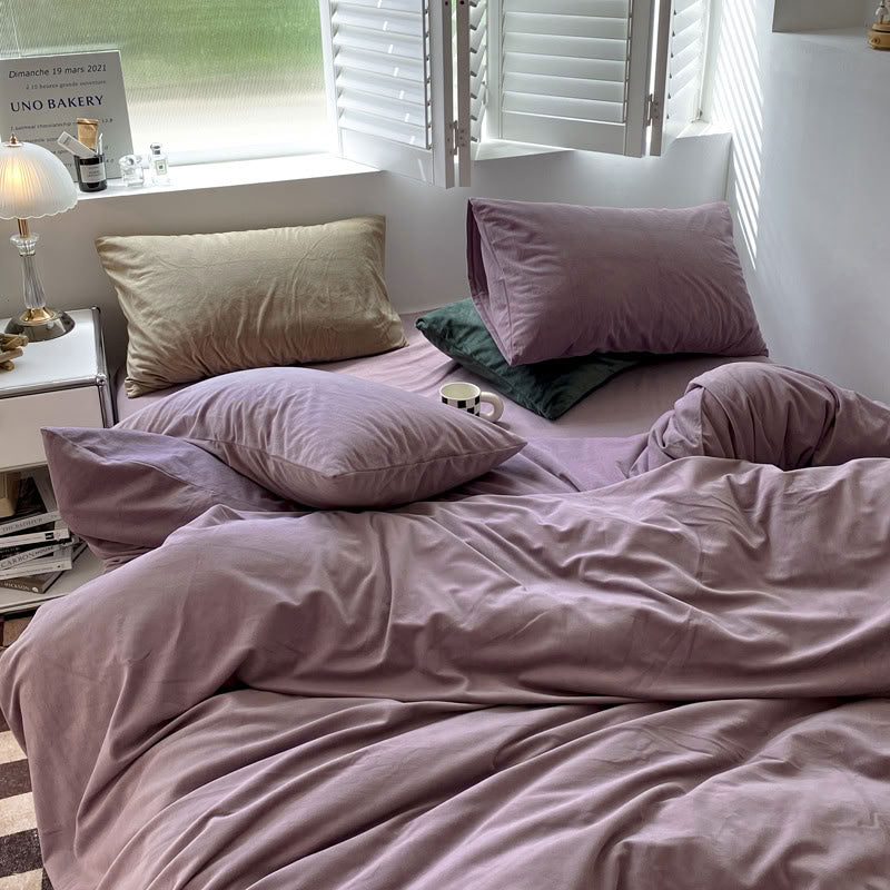 Solid Lavender velvet bedding set with soft plush texture and minimalist cozy bedroom scene - RoomDen