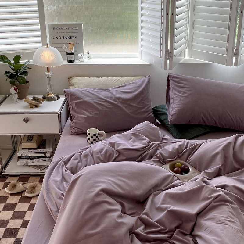 Solid Lavender velvet bedding set with soft plush texture and minimalist cozy bedroom scene - RoomDen