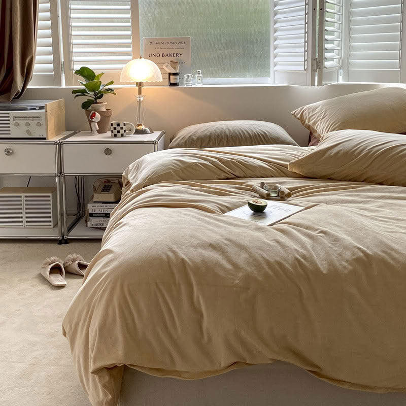 Solid Light Beige velvet bedding set with soft plush texture and minimalist cozy bedroom scene - RoomDen