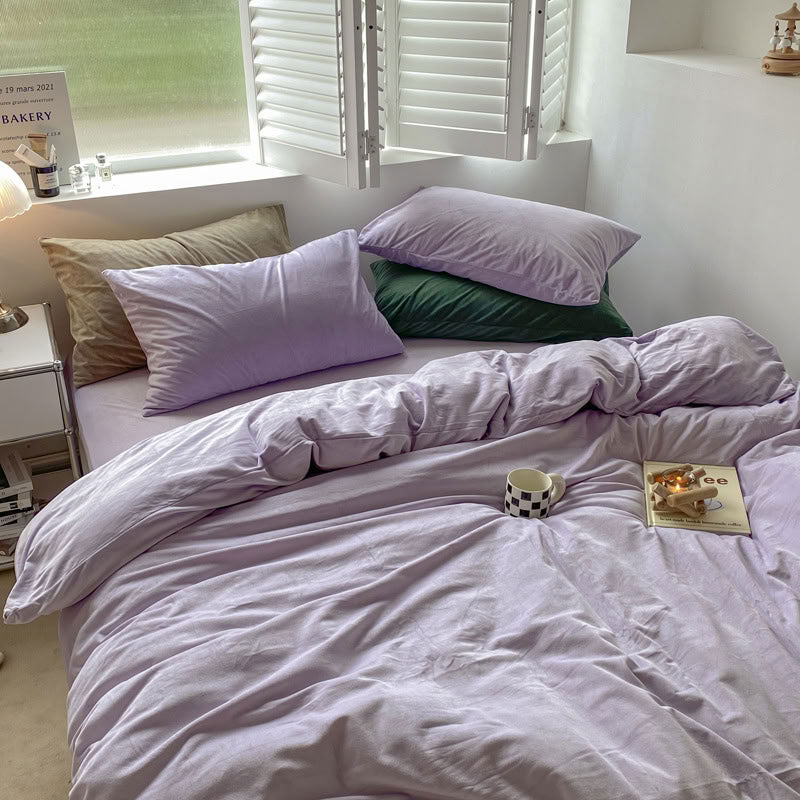 Solid Light Purple velvet bedding set with soft plush texture and minimalist cozy bedroom scene - RoomDen