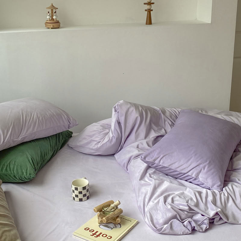 Solid Light Purple velvet bedding set with soft plush texture and minimalist cozy bedroom scene - RoomDen