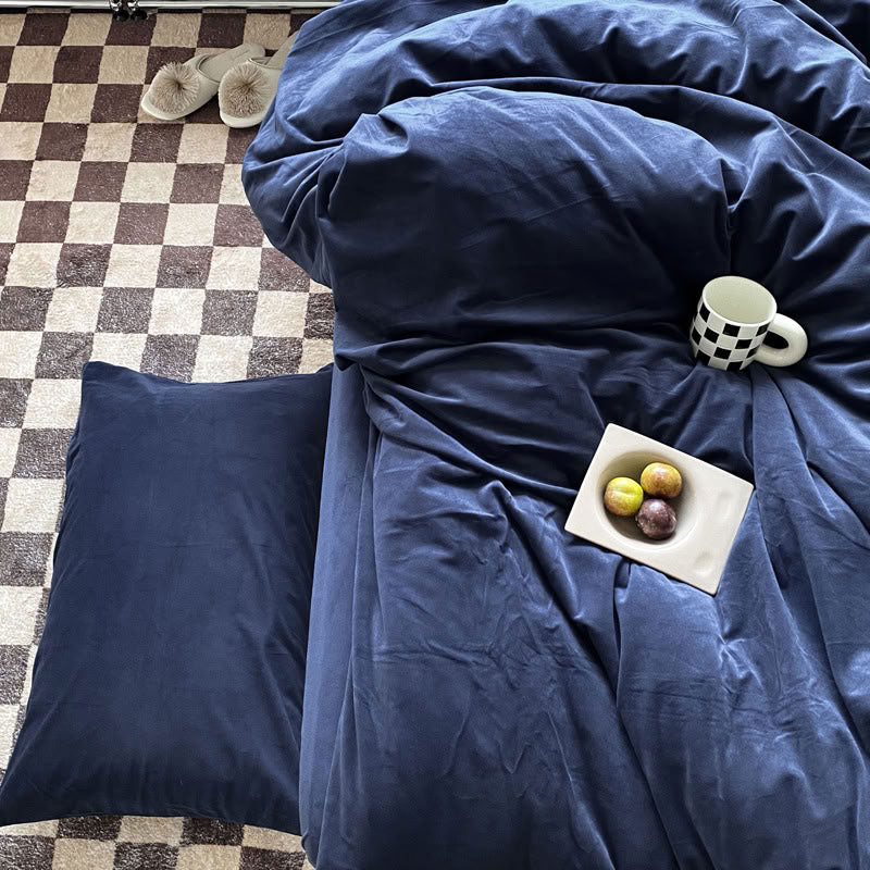 Solid Navy Blue velvet bedding set with soft plush texture and minimalist cozy bedroom scene - RoomDen