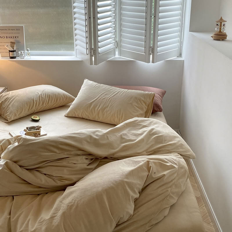 Solid Light Beige velvet bedding set with soft plush texture and minimalist cozy bedroom scene - RoomDen