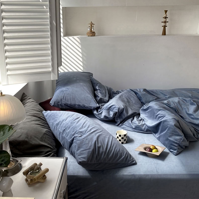 Solid Steel Blue velvet bedding set with soft plush texture and minimalist cozy bedroom scene - RoomDen