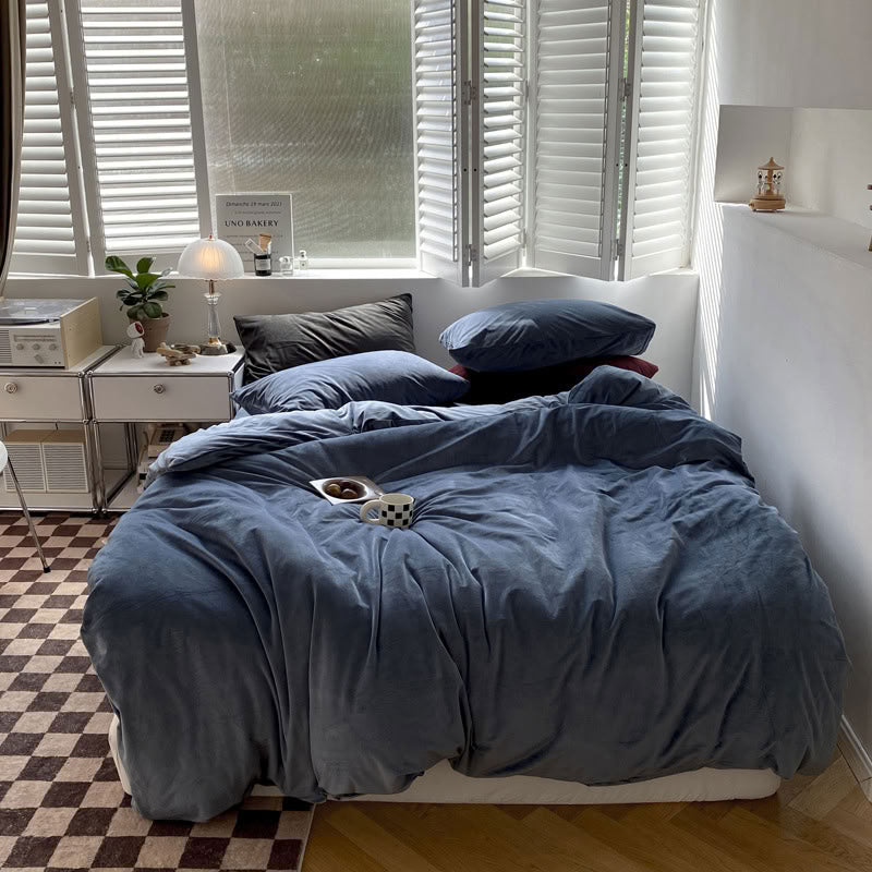 Solid Steel Blue velvet bedding set with soft plush texture and minimalist cozy bedroom scene - RoomDen